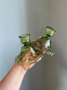 Vintage Hazel Atlas Eldorado Green Raindrop Glass Candle Holders Pair 1960s